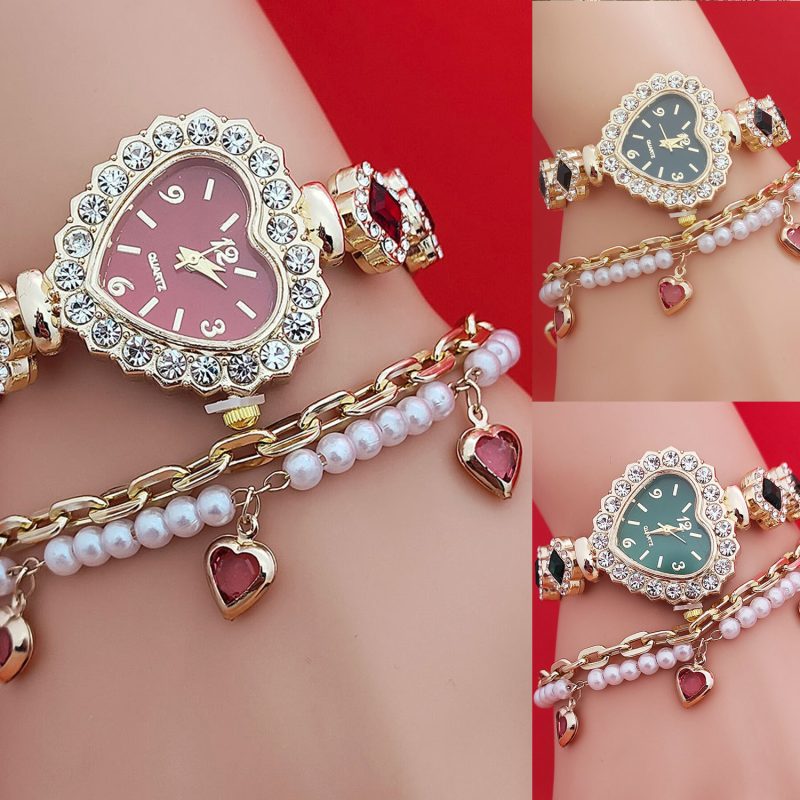 Fashion Love Shape Bracelet Watch Set Diamond Colored Heart Quartz Watch Women's Fashion Jewelry Set Valentine's Day Gift