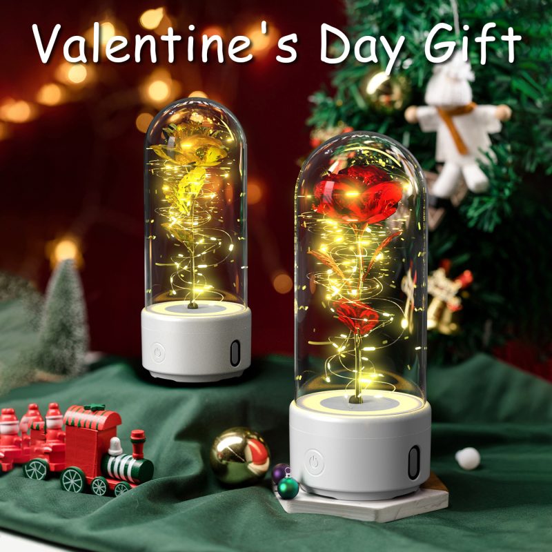 Creative 2 In 1 Rose Flowers LED Light And Bluetooth-compatible Speaker Valentine's Day Gift Rose Luminous Night Light Ornament In Glass Cover - Image 5